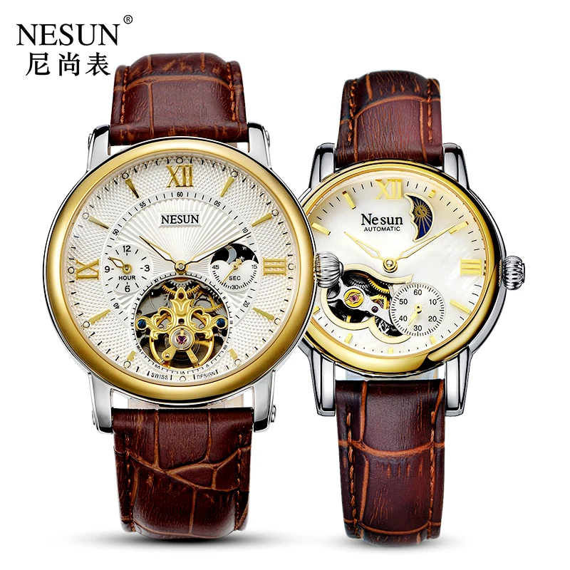 New Switzerland NESUN Luxury Brand Automatic Mechanical Men & Women Watches Sapphire Skeleton Moon Phase Couple\'s Clock N9091-L