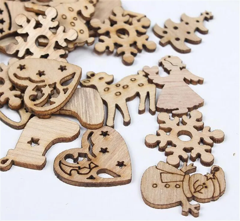 

Hot 200sets 50 pcs set DIY Natural Wooden Chip Christmas Tree Hanging Ornaments Pendant Kids Gifts Snowman Tree Shape Xmas