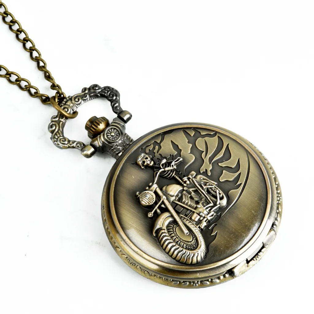 9009  Old Antique  Bronze Skull Design Riding Motorcycle Chain Pocket Watch For Grandpa  And Dad As The Greatest Gifts