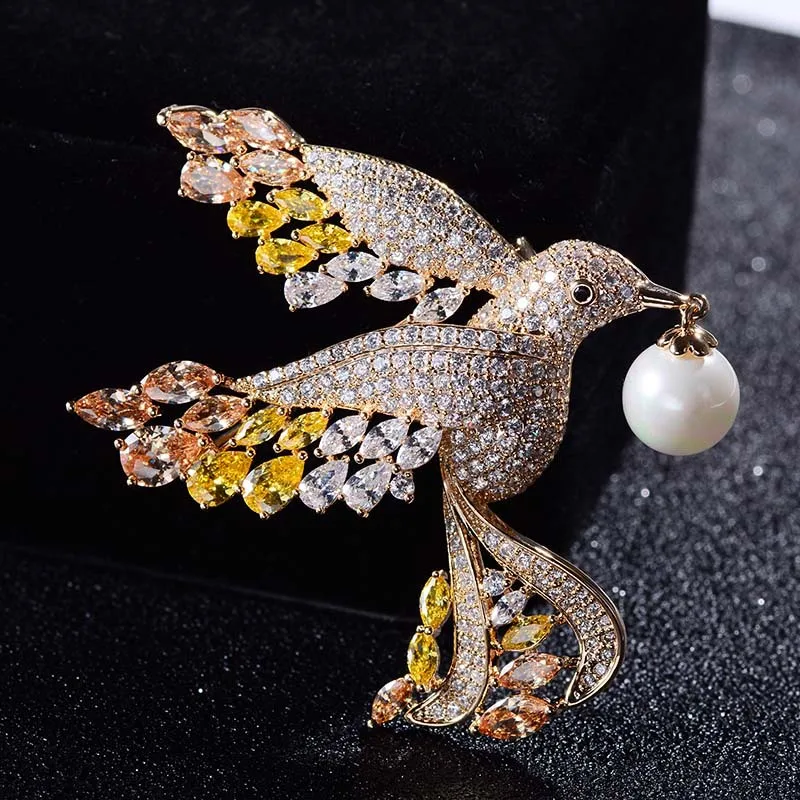 

New Cubic Zirconia CZ Pearl Birds Brooch Broach Pendant Pin For Women Lady Prom Scarf Jewelry Accessory XR02657