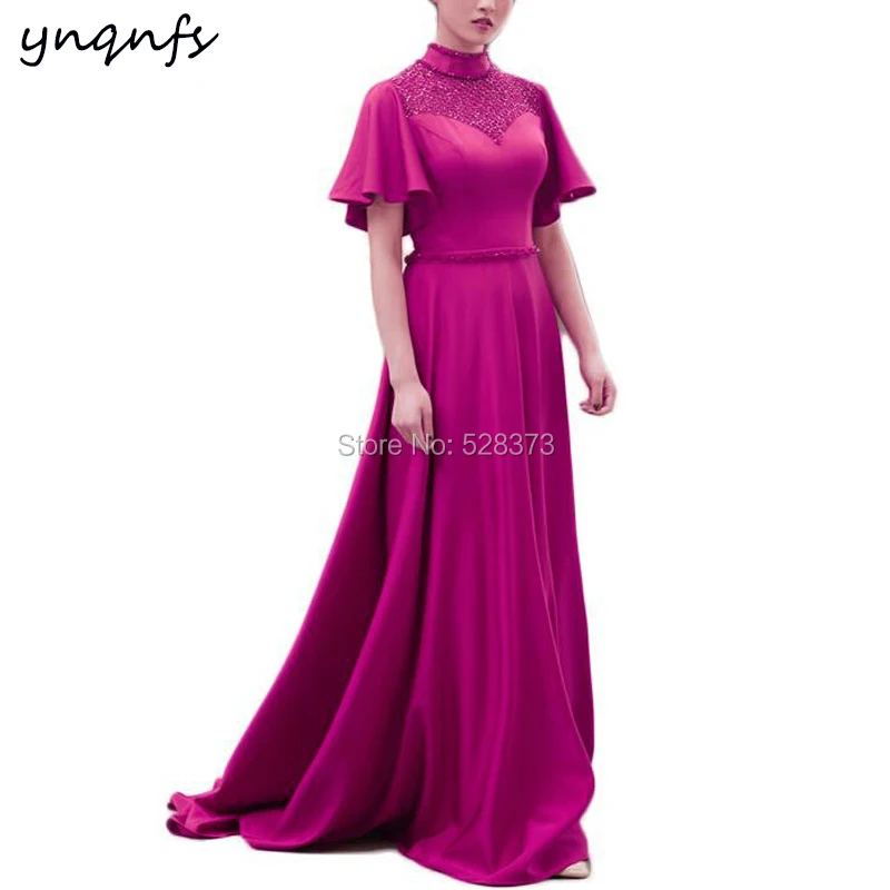 YNQNFS Crystal Dress Satin High Neck Flare Sleeves Vestido de Festa Longo Party Gown Fuchsia Mother of the Bride Dresses M46