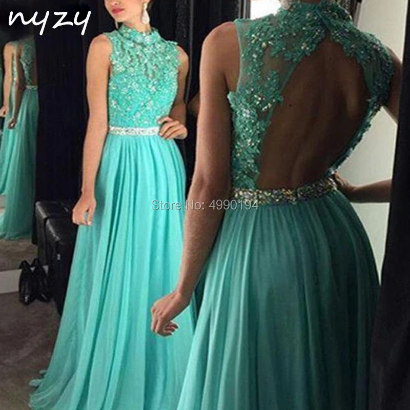 

NYZY P19 Turquoise Chiffon Prom Dresses Long Sleeveless High Neck Keyhole Backless Lace Crystal Party Dress vestido longo