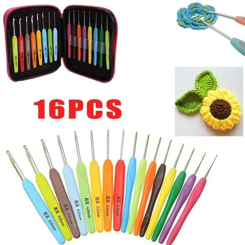 16 pçs/set alça macia de alumínio colorido crochê ganchos kit agulhas tricô caso artesanato conjunto crochê ferramentas de tecelagem costura