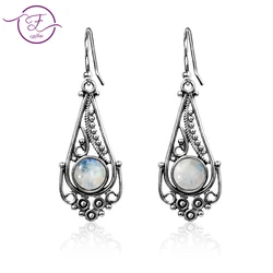 New Natural Moonstone Earrings for Women Vintage Bohemian Style 7MM Round Silver Drop Earring Fashion Elegant Wedding Jewelry