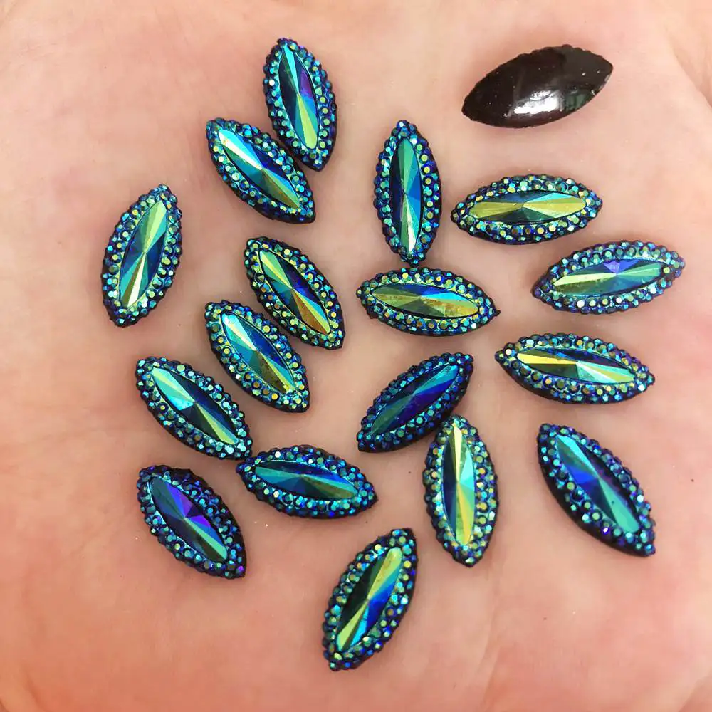 40pcs AB Resin 7mm*15mm Horse Eye Flatback Rhinestone Wedding DIY Black Buttons F298