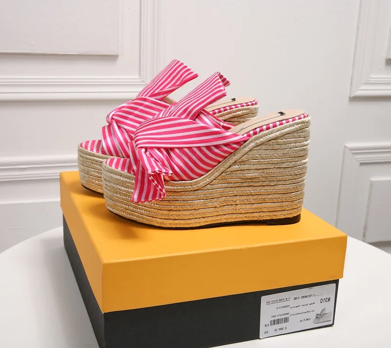 New Summer Big Knot Decor Platform Stripe Woman Slippers Height Increasing Braided Wedges Flip Flop Female Outside Casual Shoes