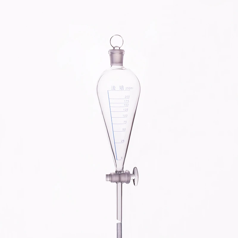 

Separatory funnel pear shape,with ground-in glass stopper and stopcock.Capacity 250ml,With graduation,glass switch valve