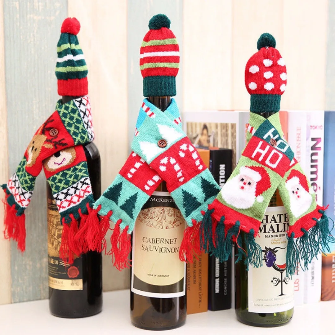 JX-LCLYL 2Pcs Christmas Tree Santa Elk Wine Bottle Cover Hat & Scarf Table Decor Ornament