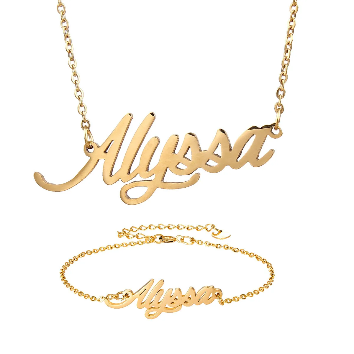 Alyssa Name Necklace + Bracelet Jewelry Set Stainless Steel Letters Choker Pendant Nameplate Jewelry Gift