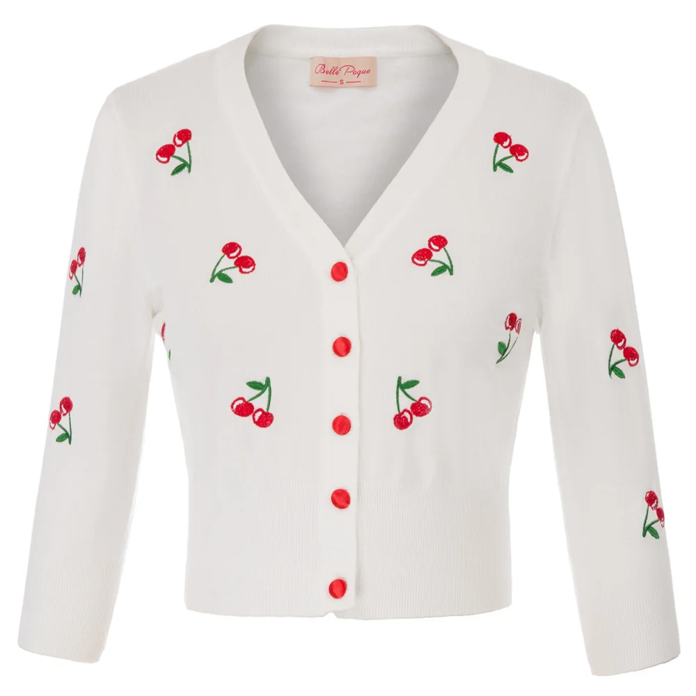 Belle Poque Women Jackets Cardigans Tops Autumn Spring Cherries Embroidery Jumpers 3/4 Sleeve V-Neck Cropped Knit Coats Knitwear