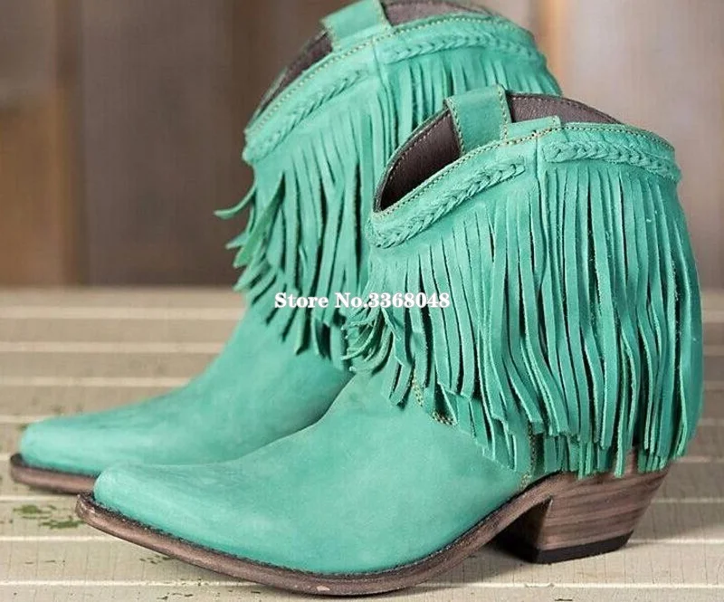 

2019 Sky Blue Fringed Low Chunky Heels Ankle Boots For Woman Sexy Pointed Toe Knight Tassels Boots Woman Casual Dress Shoes