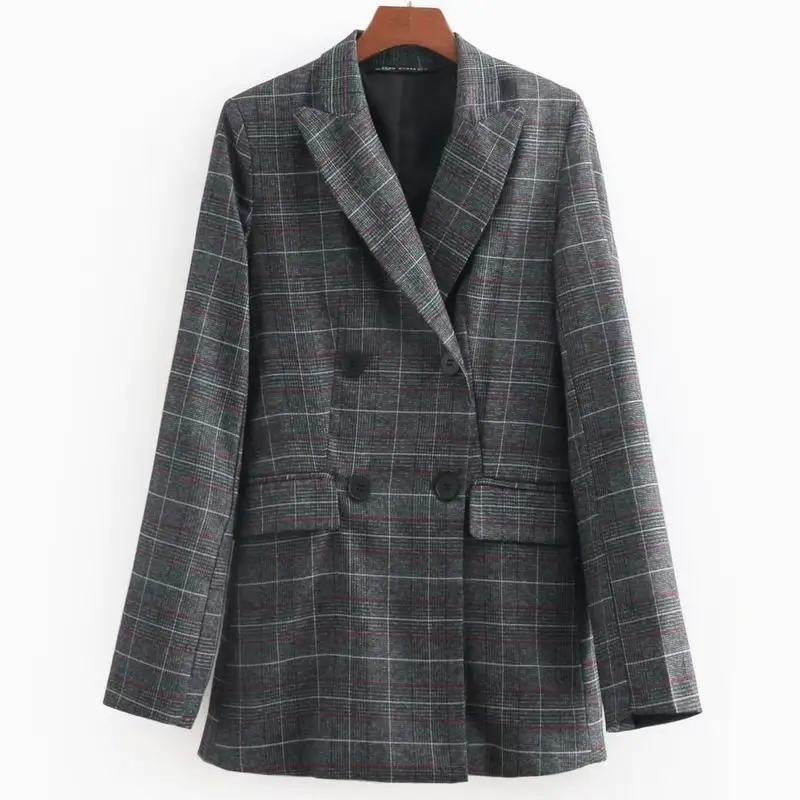 Women Plaid Blazer 2019 Spring New Notched Double Breasted Casual coat Tops Female Blazers