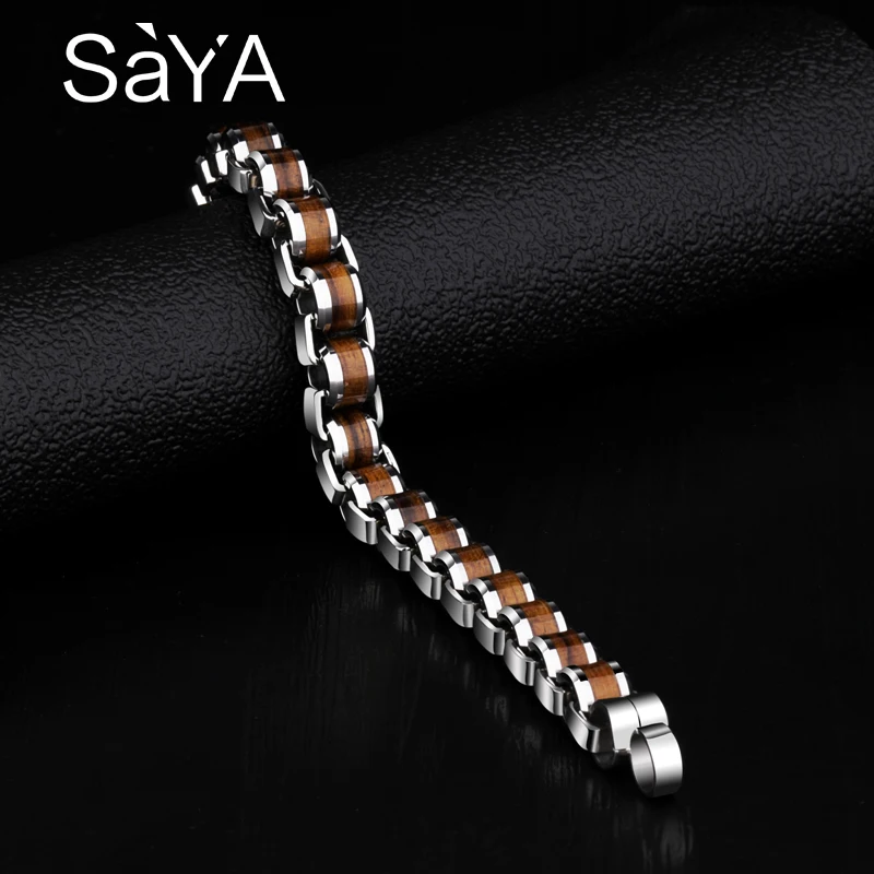 Men Fashion Bracelets Tungsten Carbide Links Chain Bracelets Inlay Natrual Wood Length 18.5/19.5/20.5cm