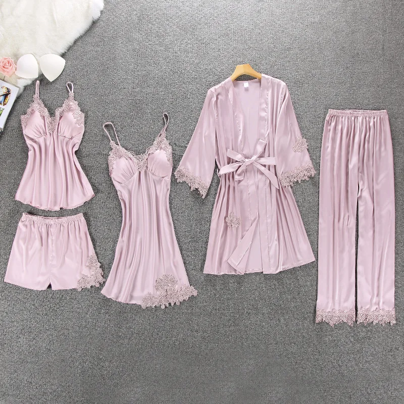 

Lisacmvpnel 5 Pcs With Pad Sexy Lace Pajama Set Nightgown+Cardigan+Pant Set Lace Pijama For Women