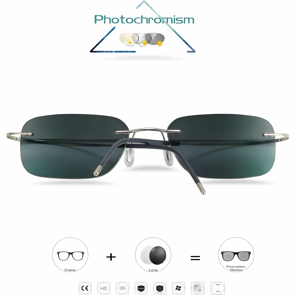 Titanium Rimless Glasses Myopia Glasses Photochromic glasses Men Women Chameleon Glasses Lens with Diopters -1.0 1.5 2.0 2.5 3.0