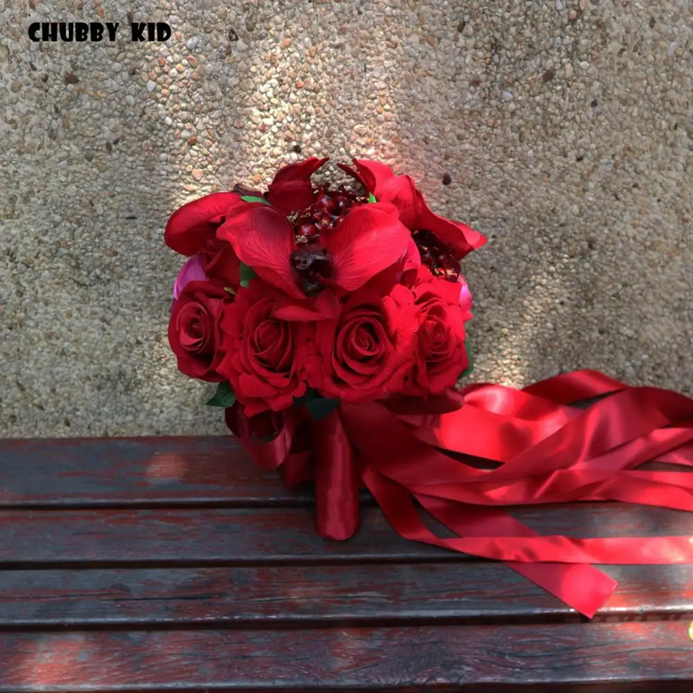 High simulation velvet red rose Phalaenopsis wedding bouquet high quality artificial rose bridal bouquet for wedding red color