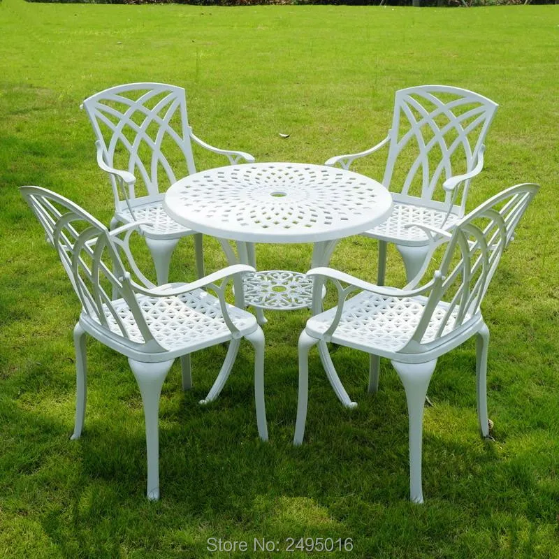 

full aluminum high-back arm chair set-5pcs Balcony furniture round table set umbrella garden chair coffee table patio iron sets