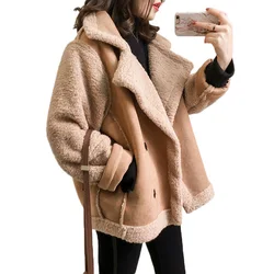 Suede Lamb Fur Coat  women Fashion Faux Fur Leather Moto Jacket Ladies Loose Thick Winter Jacket Female Overcoat