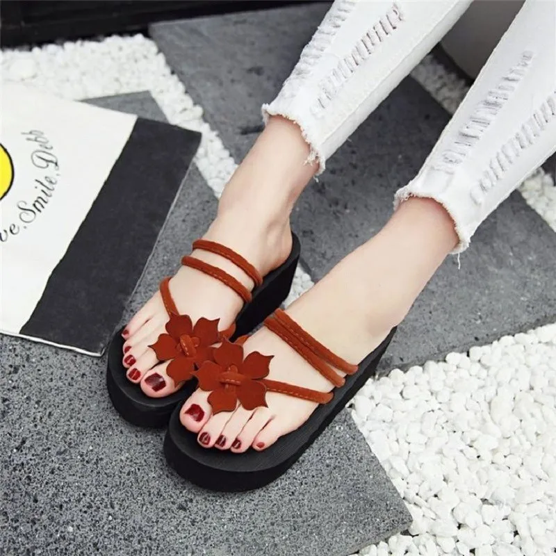 Summer 6cm High Heels Wedge Shoes Women Flip Flops Thick Platform heeled Women Slippers Sweet Flowers Clip Toe Outdoor Sandals