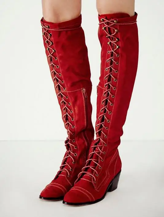 Hot Selling Red Women High Boots Round Toe Lace-up Front Low Chunky Heels Knee High Boots Ladies Ridding Boots Plus Size 10