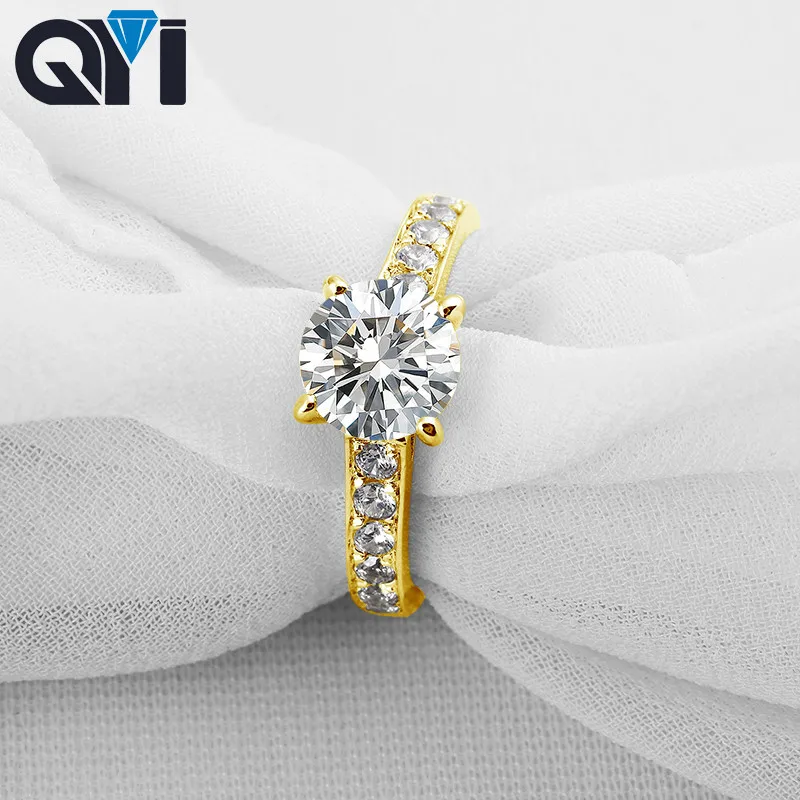 

QYI 2 Carat 14K Solid Yellow Gold Single Row Rings Women Round Cut Moissanite Diamond Solitaire Engagement Ring