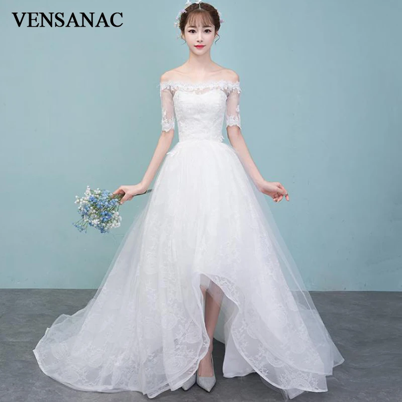 

VENSANAC Lace Appliques Boat Neck High Low Wedding Dresses Illusion Half Sleeve Court Train Backless Bridal Gowns