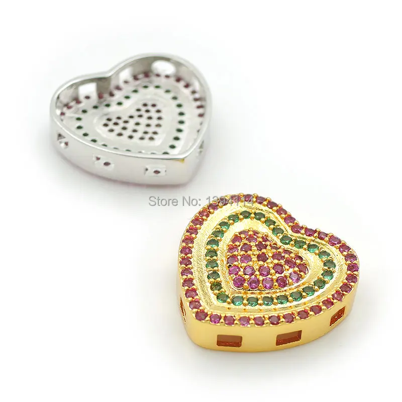 15*15*4mm Micro Pave Red&Green CZ Diffuse Heart Flat Beads Fit For Men And Women Making Bracelets Jewelry