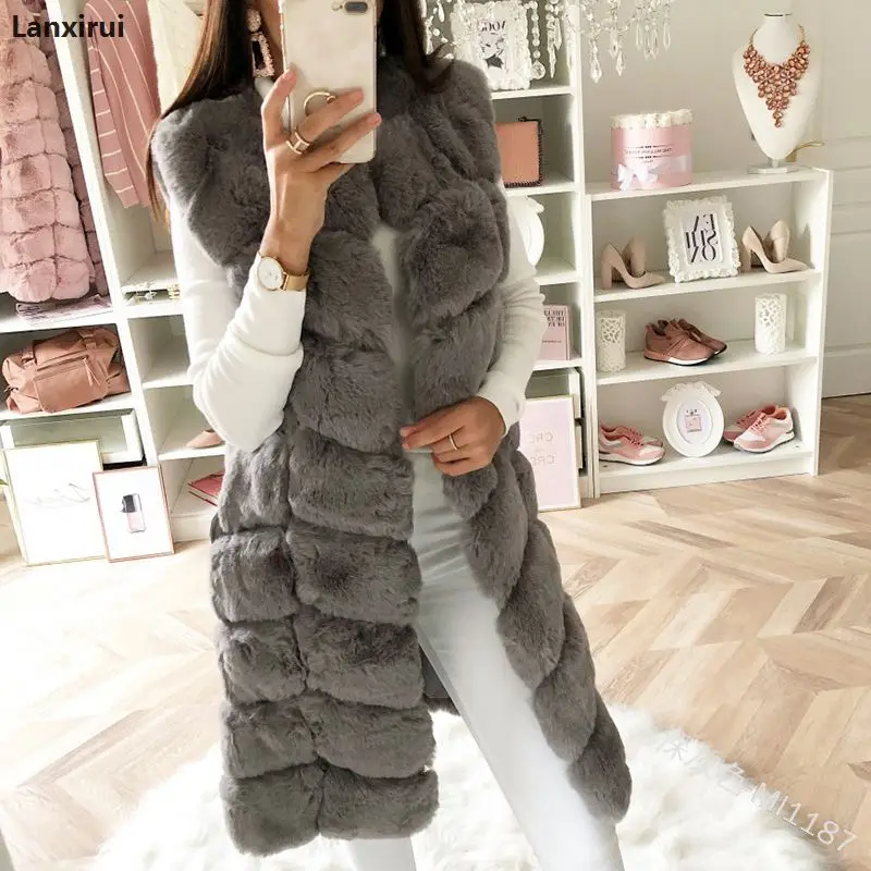 Warm Faux Fur Fox Vest Women Winter Casual Artifical Fur Warm Coat Super X-Long Waistcoat Female Faux Furs Wholesale