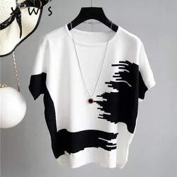 Summer Women Sweater Pullover thin Rib Knitted pull femme Tops patchwork o Neck Knitwear Jumper Short Sleeve sueters de mujer