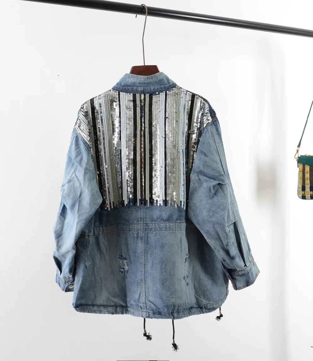 Denim jacket women jacket fashion coats bling Sequins long sleeves blue vintage boho hippie chic jacket Chaquetas Mujer