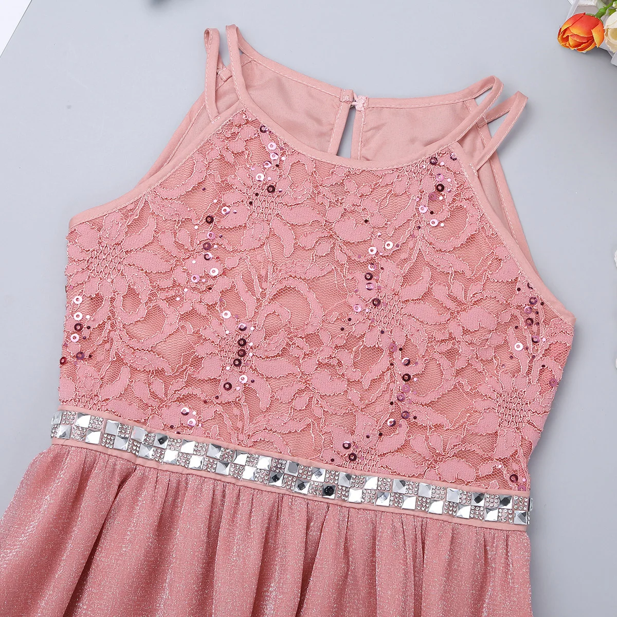 iiniim Teen Girls Sleeveless Sequined Floral Lace Shiny Dress Vestido de festa for Wedding Formal Birthday Party Summer Dresses