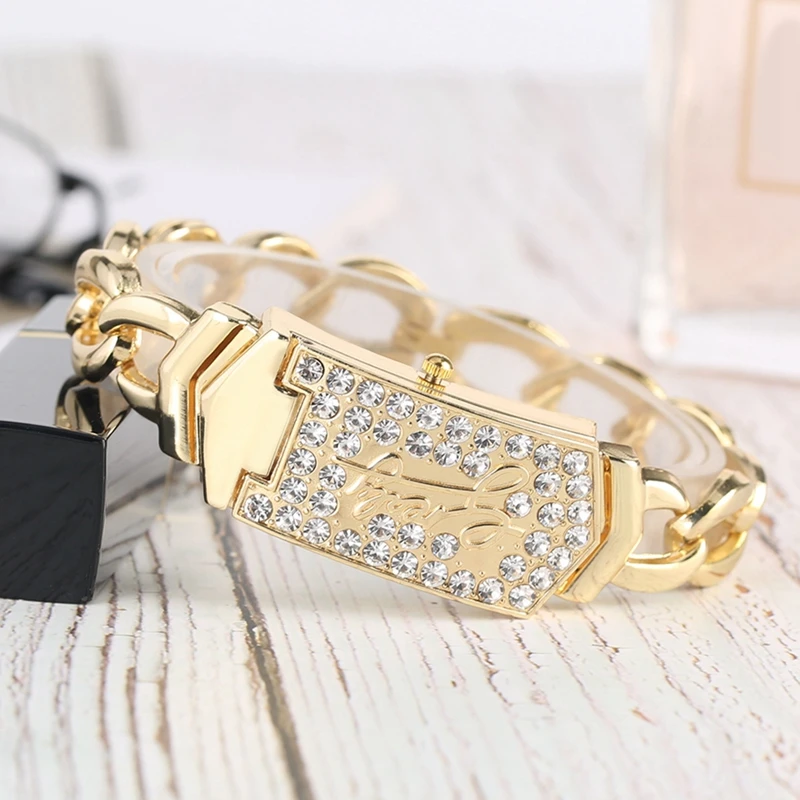 Luxury Embed Crystal Diamond Fashion Silver Gold Square Flap Cover Women\'s Bracelet Watch Golden Watch feminino horloges vrouwen