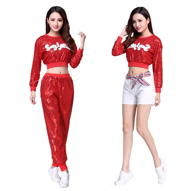 Songyuexia Red New Sequins jazz Modern hip-hop dance Costumes Woman Cheerleading stage dance Costumes for Adult