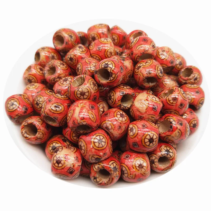 30PCs Multiple Styles Painted Drum Beads Big Hole Wooden Beads For DIY Beading Charm Bracelet Jewelry Making Accessories 11x11mm