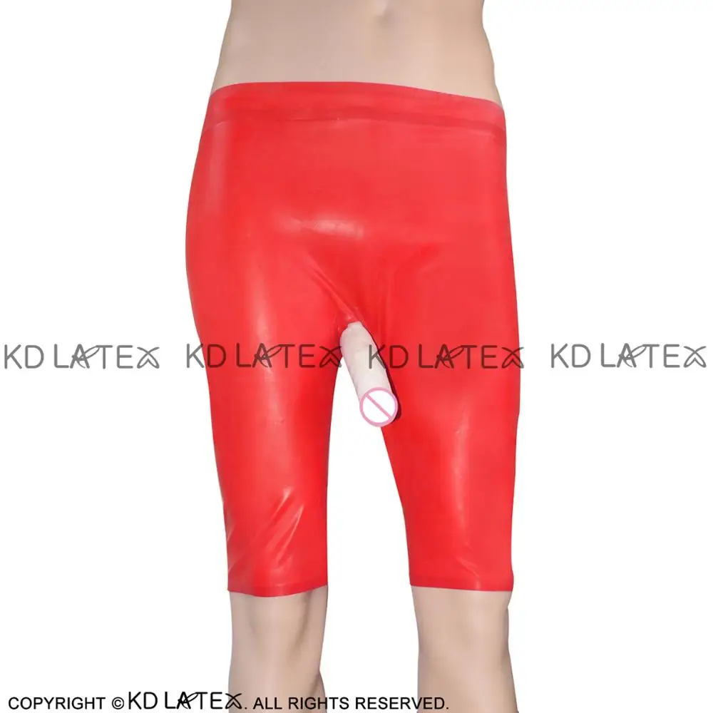 Red And Transparent Latex Long Leg Boxer Shorts With Condom Rubber Bermuda Pants DK-0024