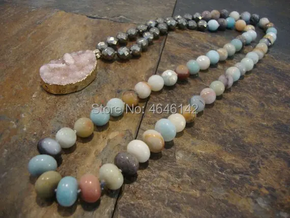 

Lariat Necklaces Pyrite And Amazonite Fashion Stone Long Knotted Druzy Drop Pendant Necklace Women
