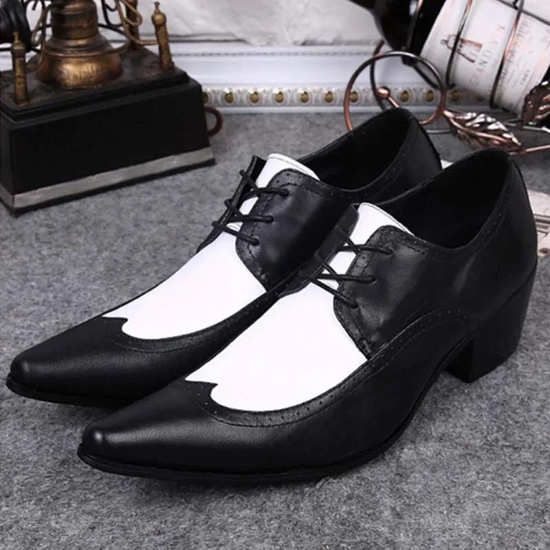 Black White Genuine Leather Mens Dress Shoes Fashion Pointed Toe Oxford Shoes For Men Formal Shoes Business Lace Up High Heels