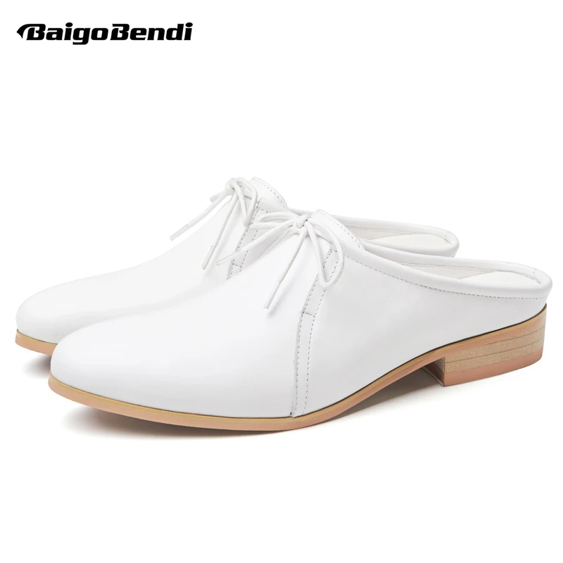 Trendy Men\'s Real Leather Closed Toe Slippers Businessman Slip On Mules Summer White Shoes