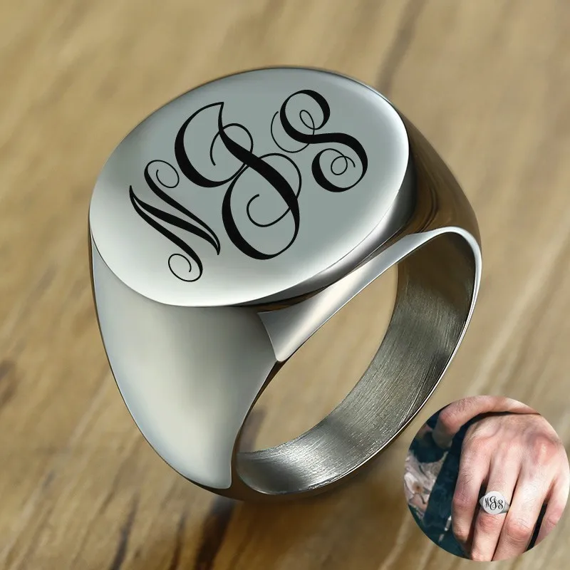 

Men's Statement Signet Pinky Ring Silver Color Tone Stainless Steel Custom Engraving Stamp Use Male Jewelry