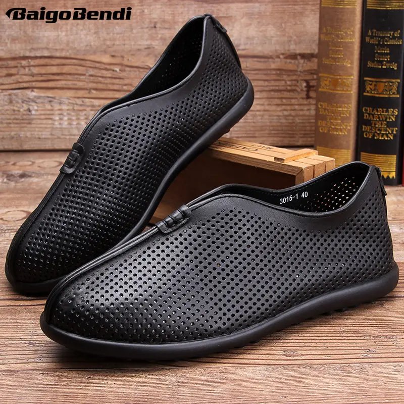 New Summer Hollow Out Old Man Casual Shoes Soft Genuine Leather Light Weight  Slip On Father Loafers