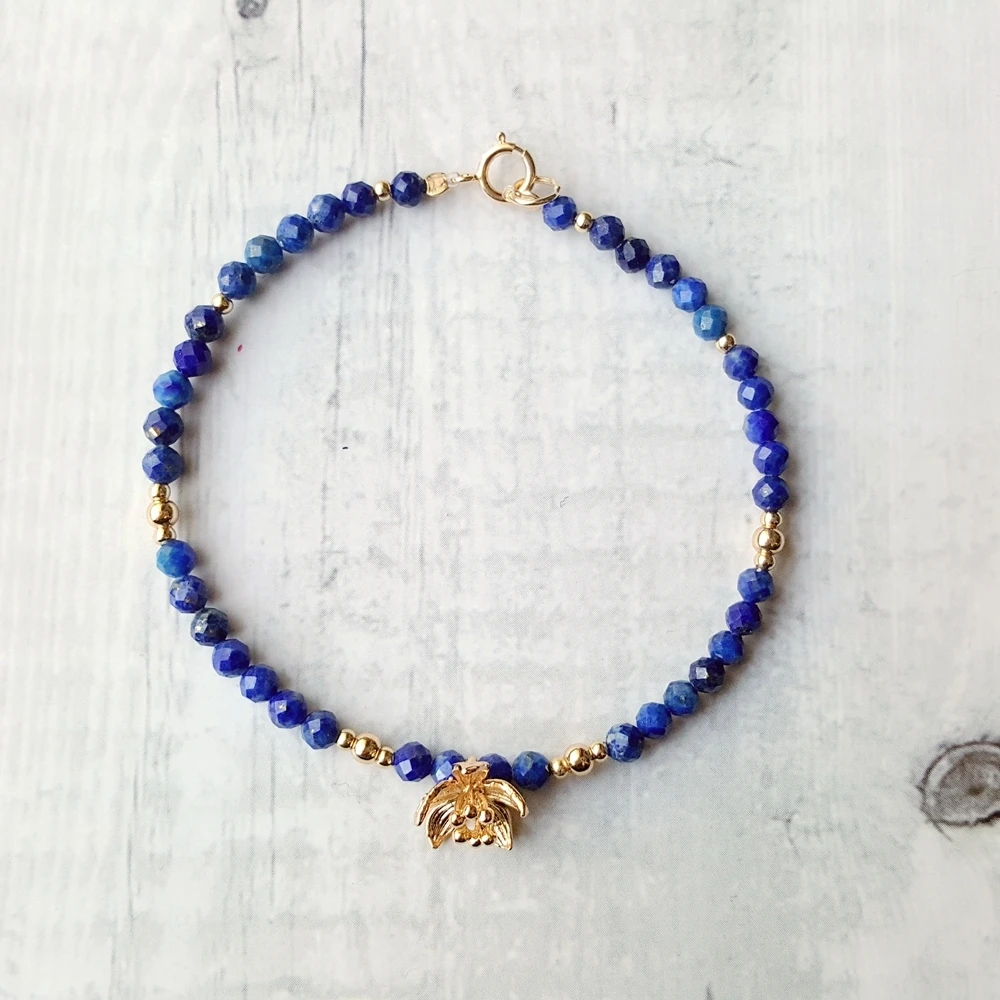 LiiJi Unique Real Lapis Lazuli Gold color flowers charm Bracelet 925 Sterling Silver Delicate Jewelry Drop Shipping