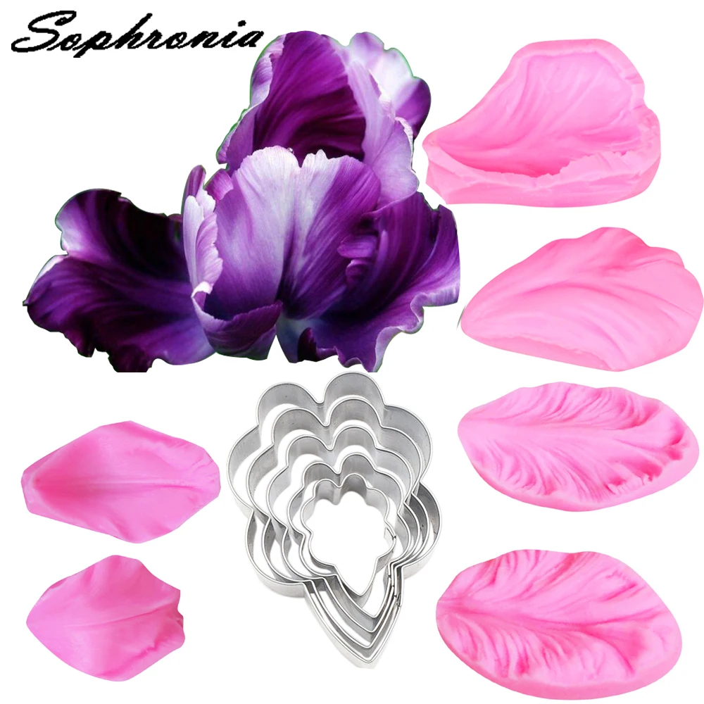 Iris Flower Petal Veiner &Cutter Silicone Mold Fondant Mould Porcelain Clay Chocolate Candy Gumpaste, Sugarcraft TulipModel CS170