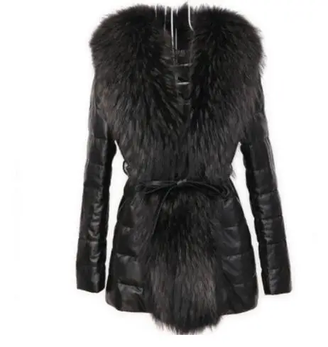 S/6Xl Womens Long Section Raccoon Fur Collar Winter Autumn Black Leather Jacket Faux Leather Patchwork Coats Outwear