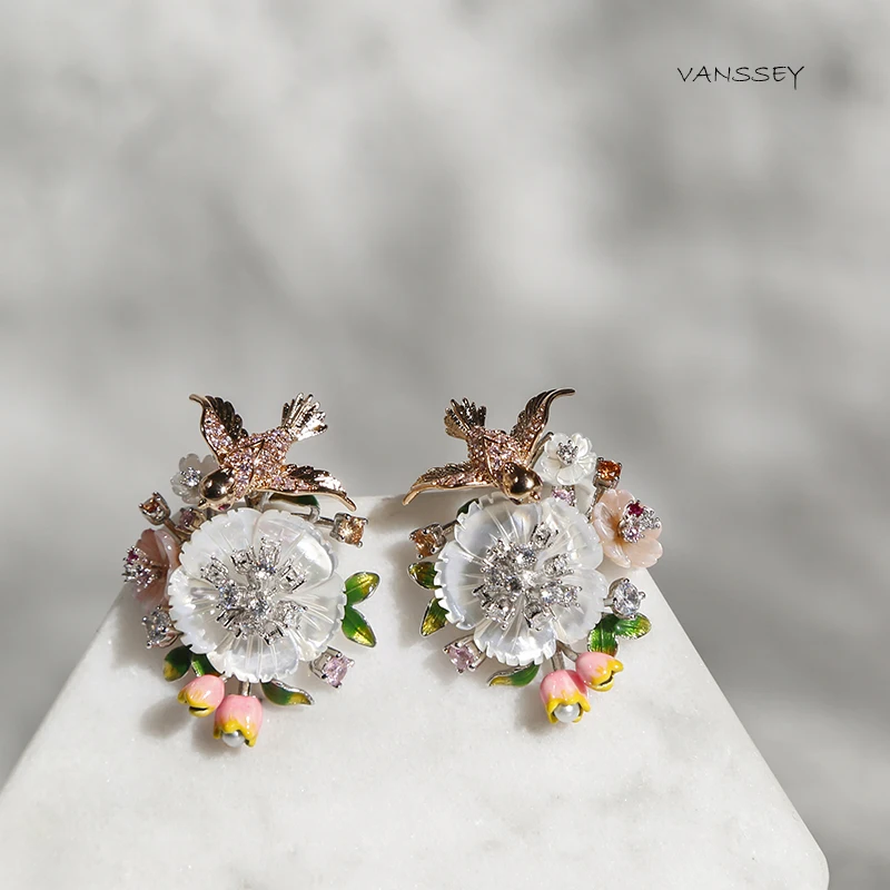 Vanssey Fashion Jewelry Flower Bird Natural Mother of Pearl Shell Enamel Cubic Zirconia Earrings Accessories for Women 2019 New