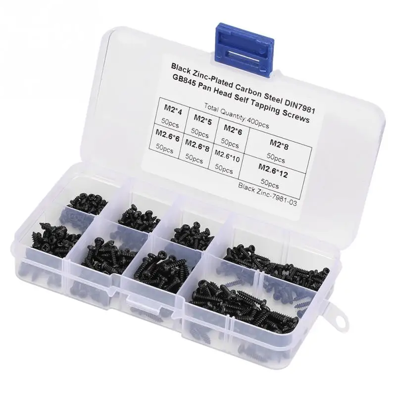 400Pcs M2*4/5/6/8 M2.6*6/8/10/12 Cross Pan Head Wood Screws Stainless Steel Pan Head Self Tapping Screw Set Assortment Kit