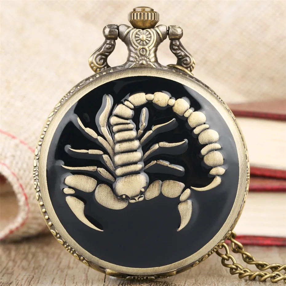 Mysterious Black Scorpion Design Quartz Pocket Watch Retro Bronze Necklace Pendant Fob Clock Gifts for Men Women New 2019