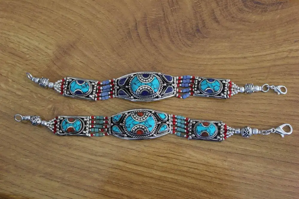 BR041 Nepal Indian Fashion Women Bracelets Tibetan Copper Lapis Turquoises Colorful Stone Clasp Cuff Bracelet New Arrival