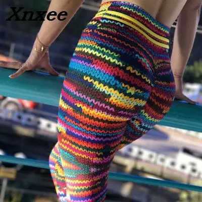 

Women leggings pants knitted printing elastic female gymming workout sporting colorful slim leggings Xnxee