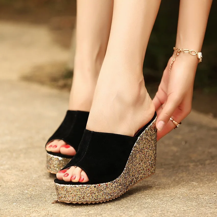 Fashion Sequins High Heel Slippers Women Summer Shoes Faux Suede Thick Platform Wedges Slides Sandals Ladies Flip Flops