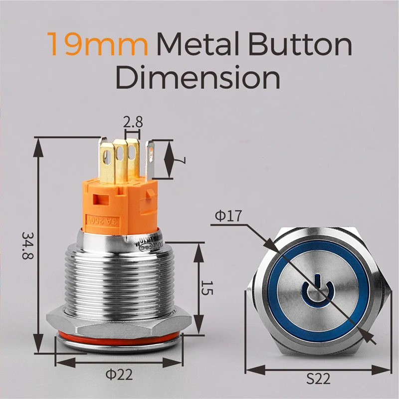 LANBOO 19mm flat symbol Led Lighted Momentary or Latching Metal push button switch with IP65